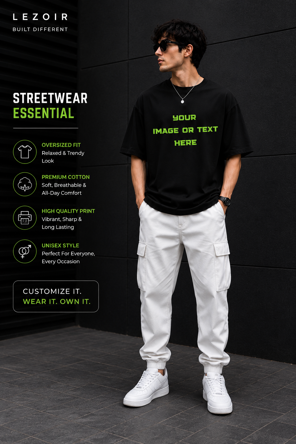 Custom Oversized Black T-Shirt | Upload Your Image, Logo or Text | Premium Unisex Streetwear | Lezoir