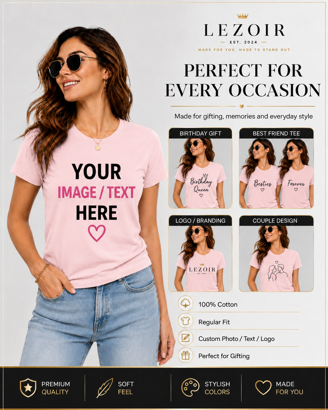 Women Custom T-Shirt | Personalized Photo, Text & Logo Print Tee | Cotton Regular Fit | Lezoir
