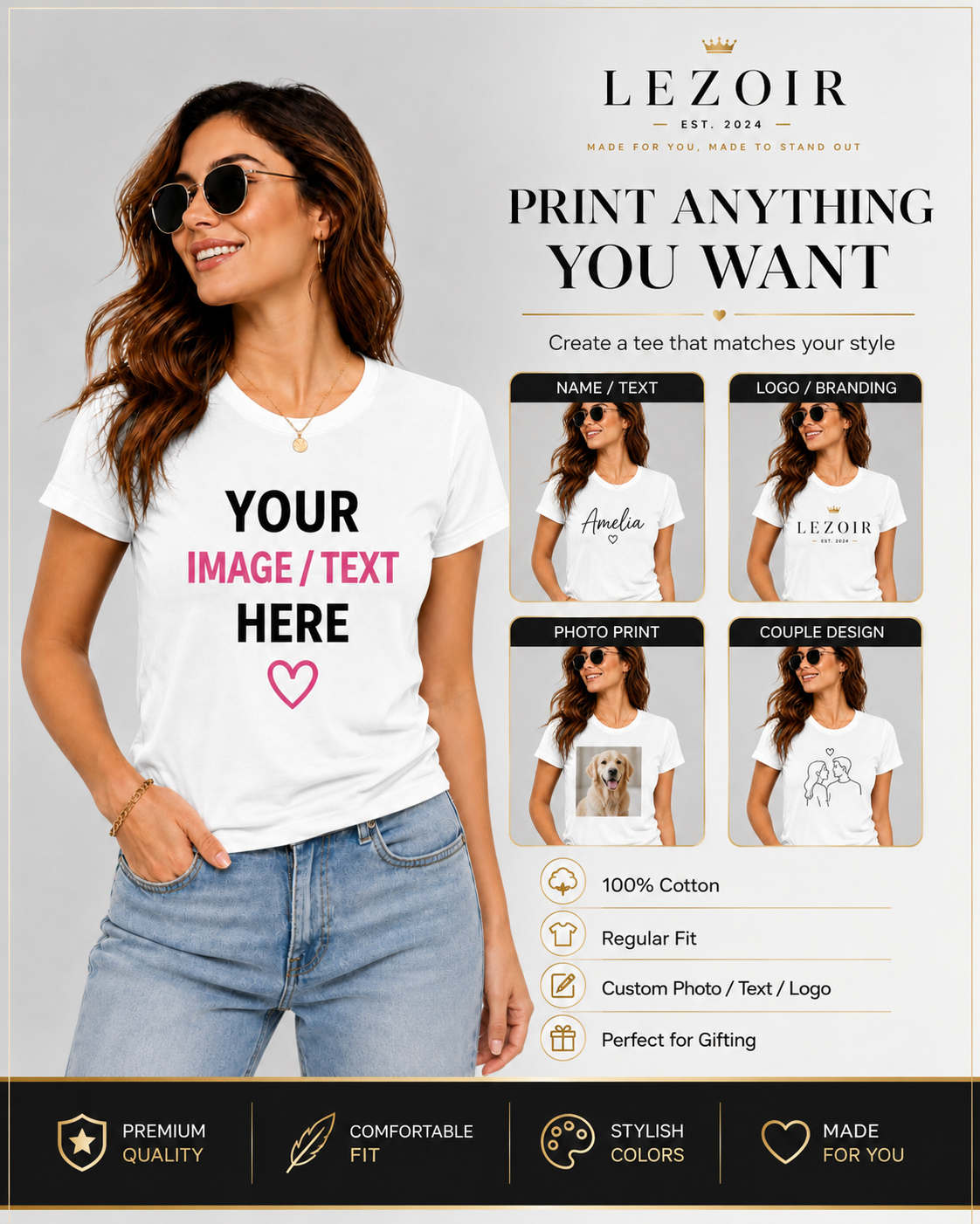 Women Custom T-Shirt | Personalized Photo, Text & Logo Print Tee | Cotton Regular Fit | Lezoir