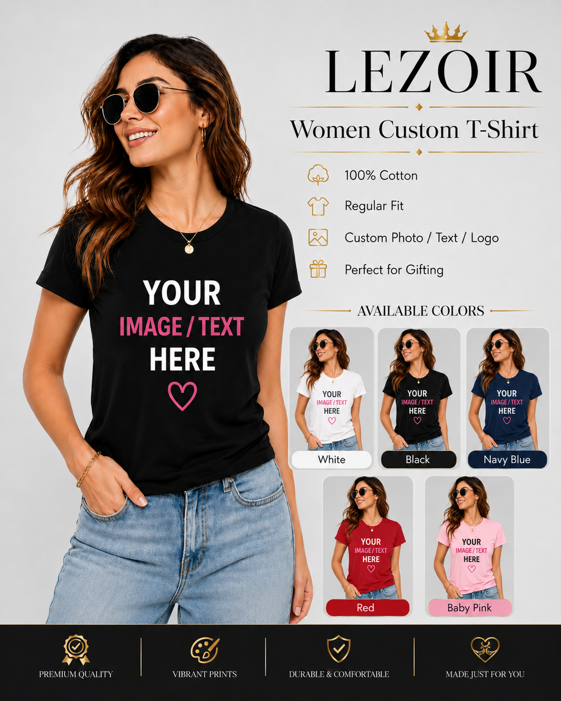 Women Custom T-Shirt | Personalized Photo, Text & Logo Print Tee | Cotton Regular Fit | Lezoir