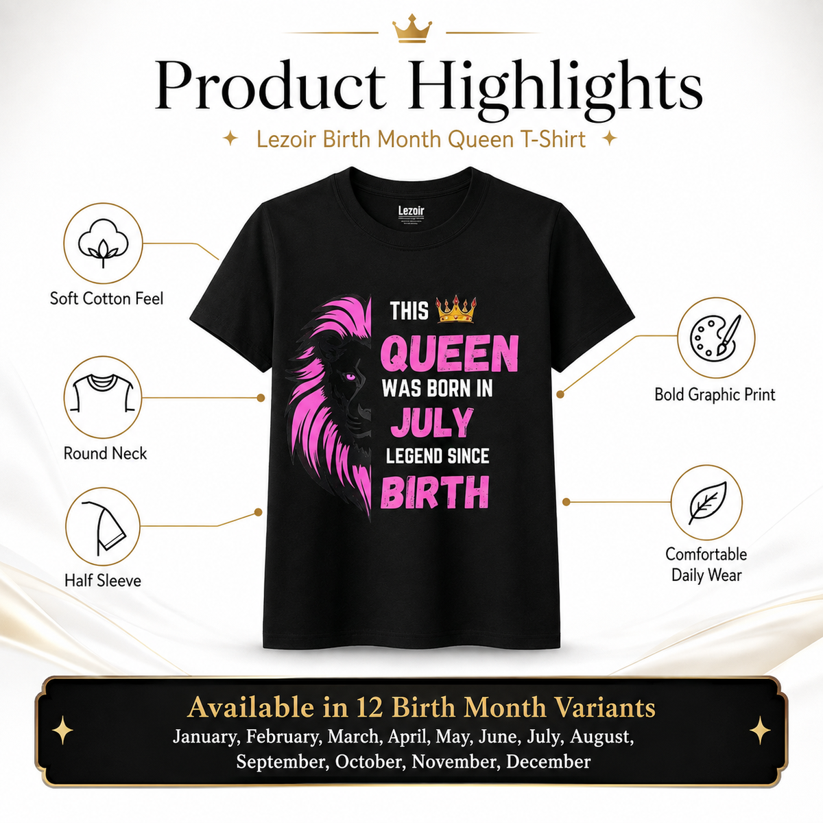 Birthday Queen T-Shirt for Women – January to December | Lezoir