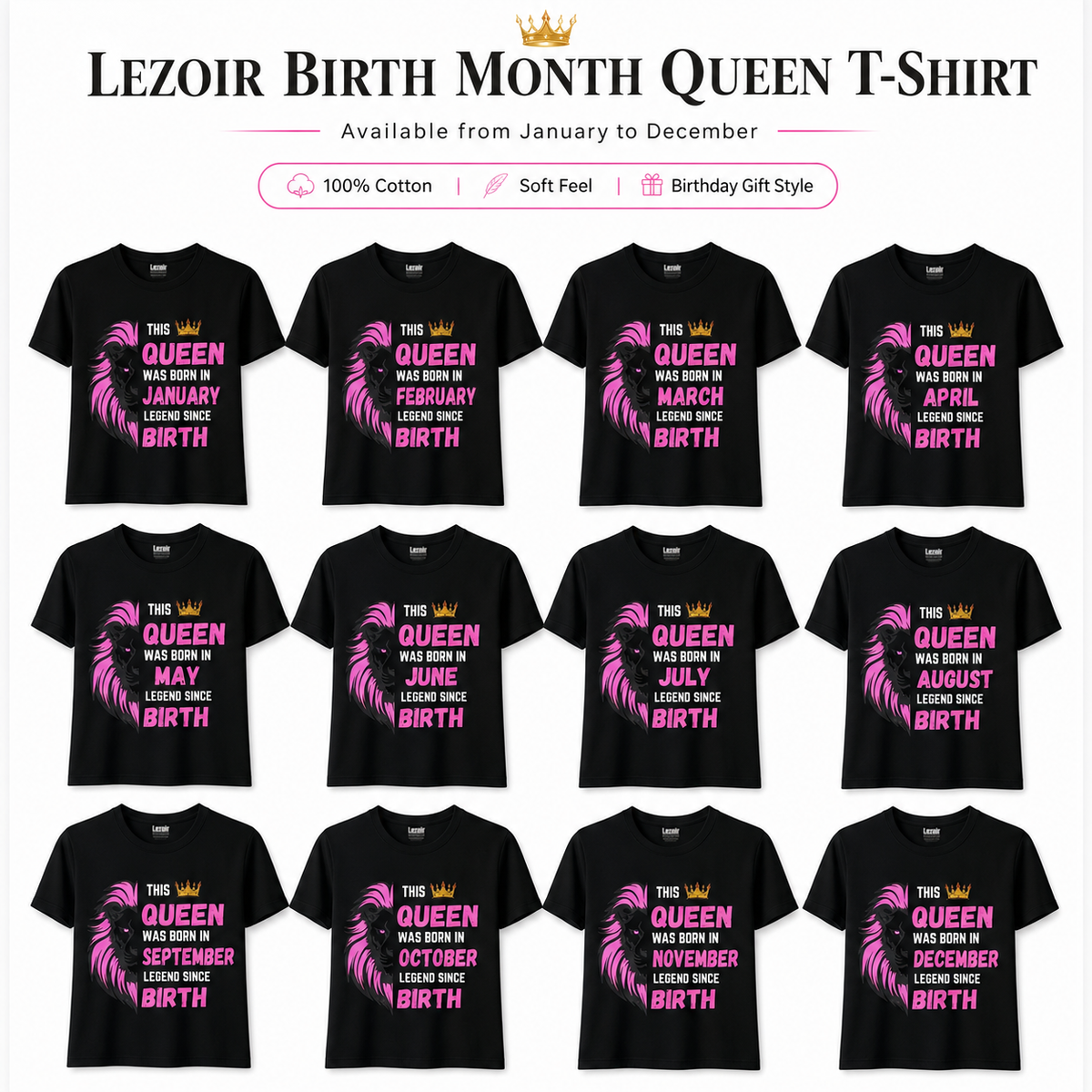 Birthday Queen T-Shirt for Women – January to December | Lezoir