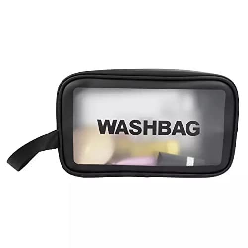 Clear Toiletry Bag, Wash Make Up Bag PVC Waterproof Zippered Cosmetic Bag, Portable Carry Pouch for Women Men (Black Small)