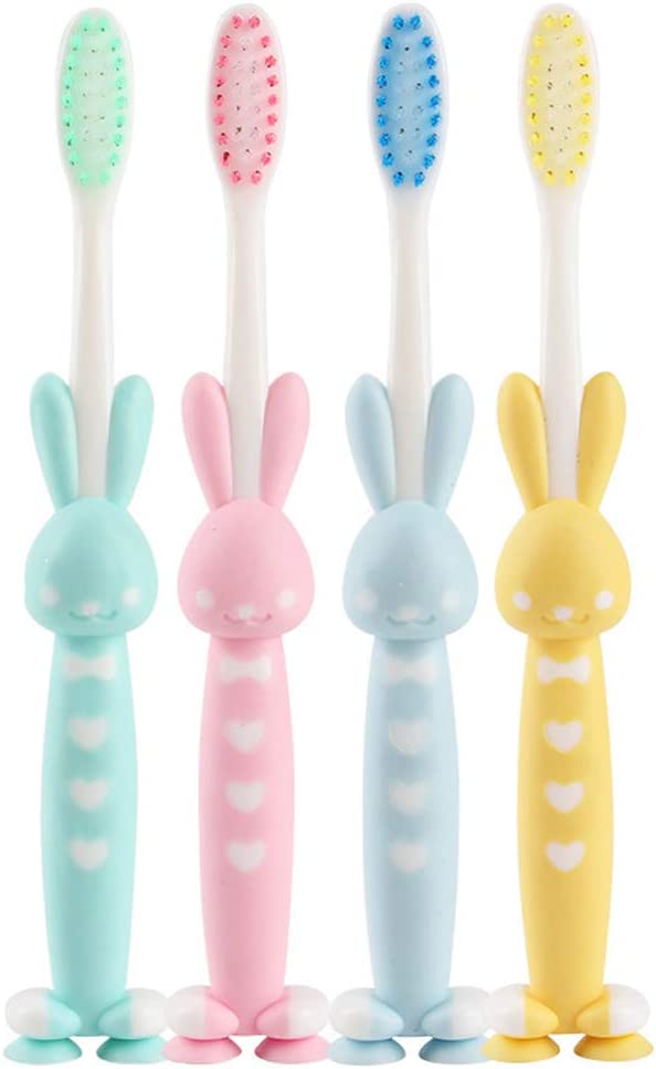 Kids Toothbrush Rubber Handle Toothbrush with Suction Cup 3 pcs (Random Color)