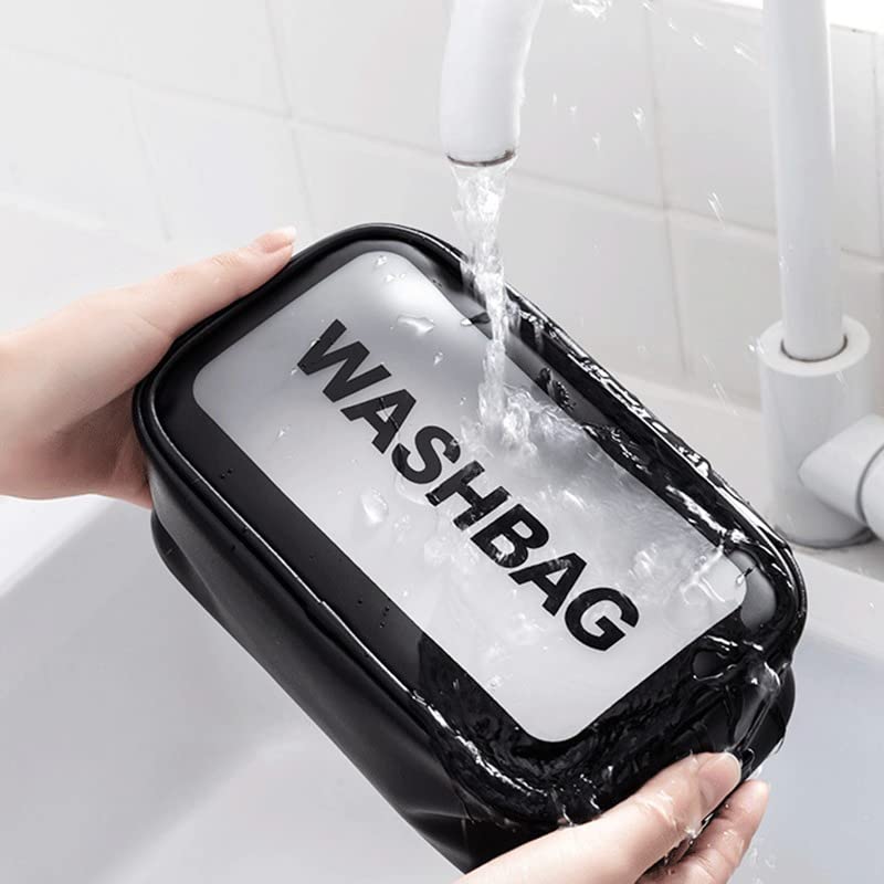 Clear Toiletry Bag, Wash Make Up Bag PVC Waterproof Zippered Cosmetic Bag, Portable Carry Pouch for Women Men (Black Small)