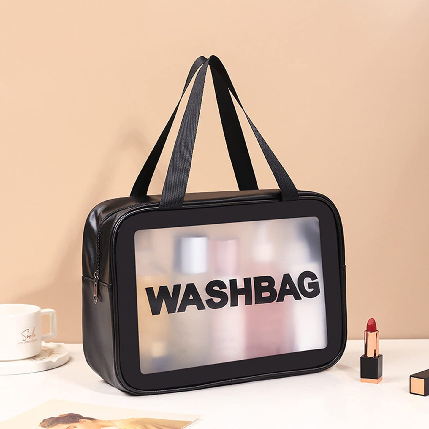 Clear Toiletry Bag, Wash Make Up Bag PVC Waterproof Zippered Cosmetic Bag, Portable Carry Pouch for Women Men (Black Large)