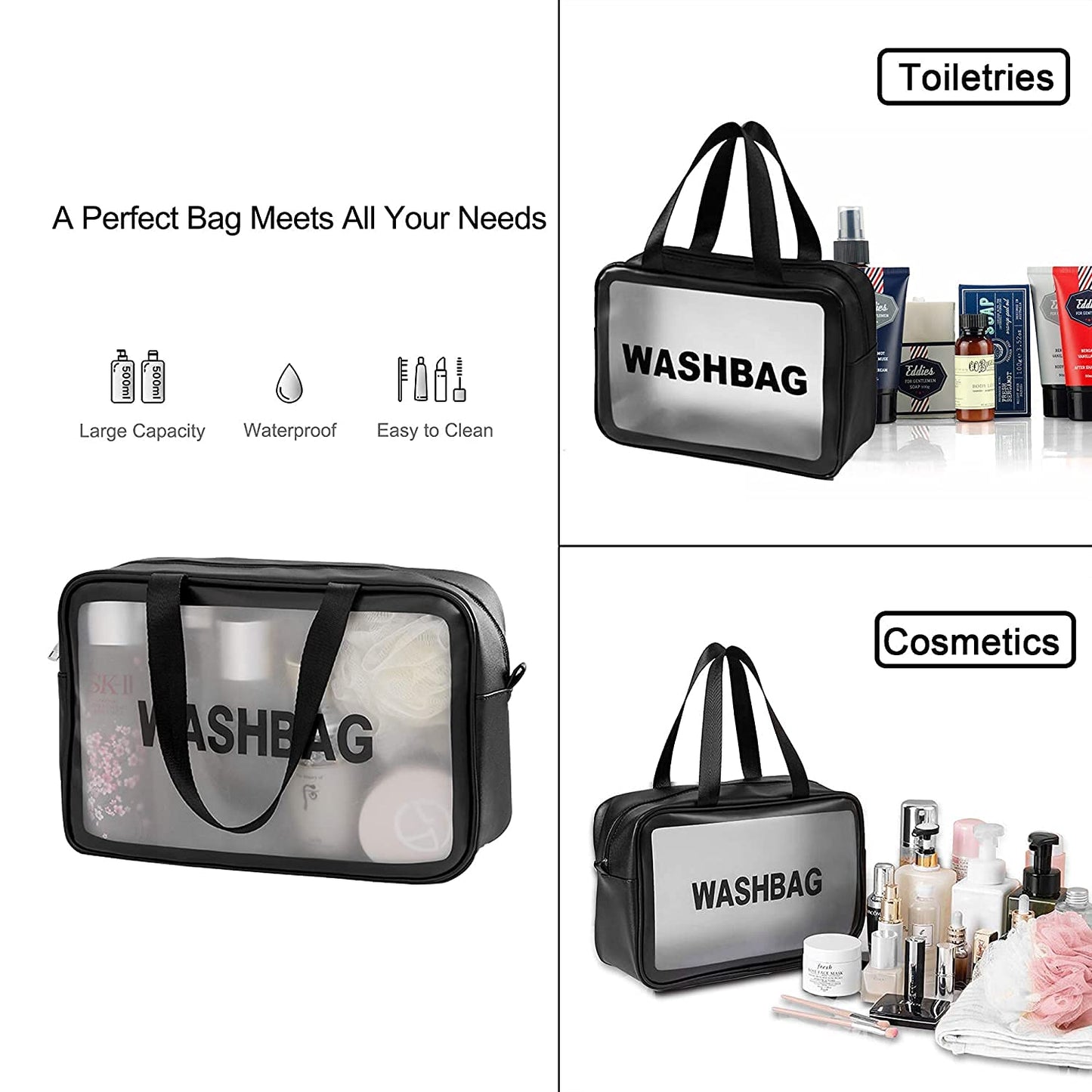 Clear Toiletry Bag, Wash Make Up Bag PVC Waterproof Zippered Cosmetic Bag, Portable Carry Pouch for Women Men (Black Large)