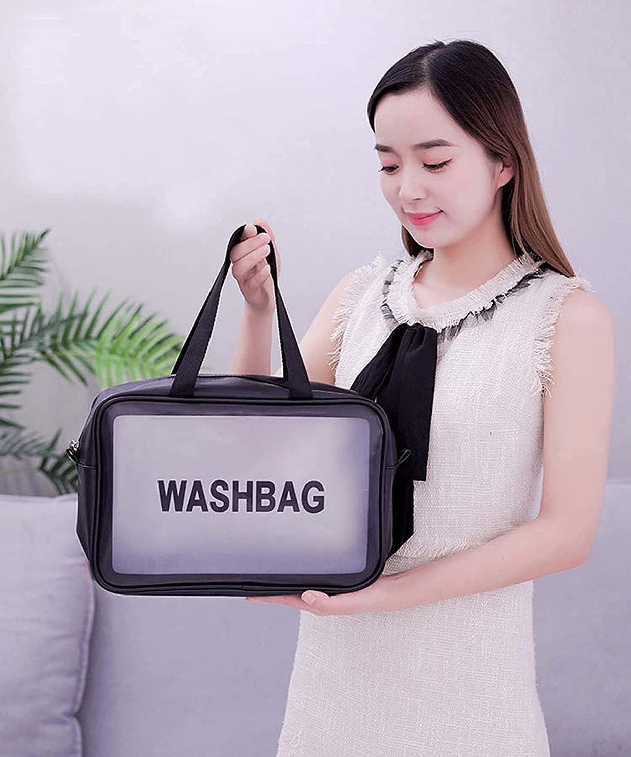 Clear Toiletry Bag, Wash Make Up Bag PVC Waterproof Zippered Cosmetic Bag, Portable Carry Pouch for Women Men (Black Large)