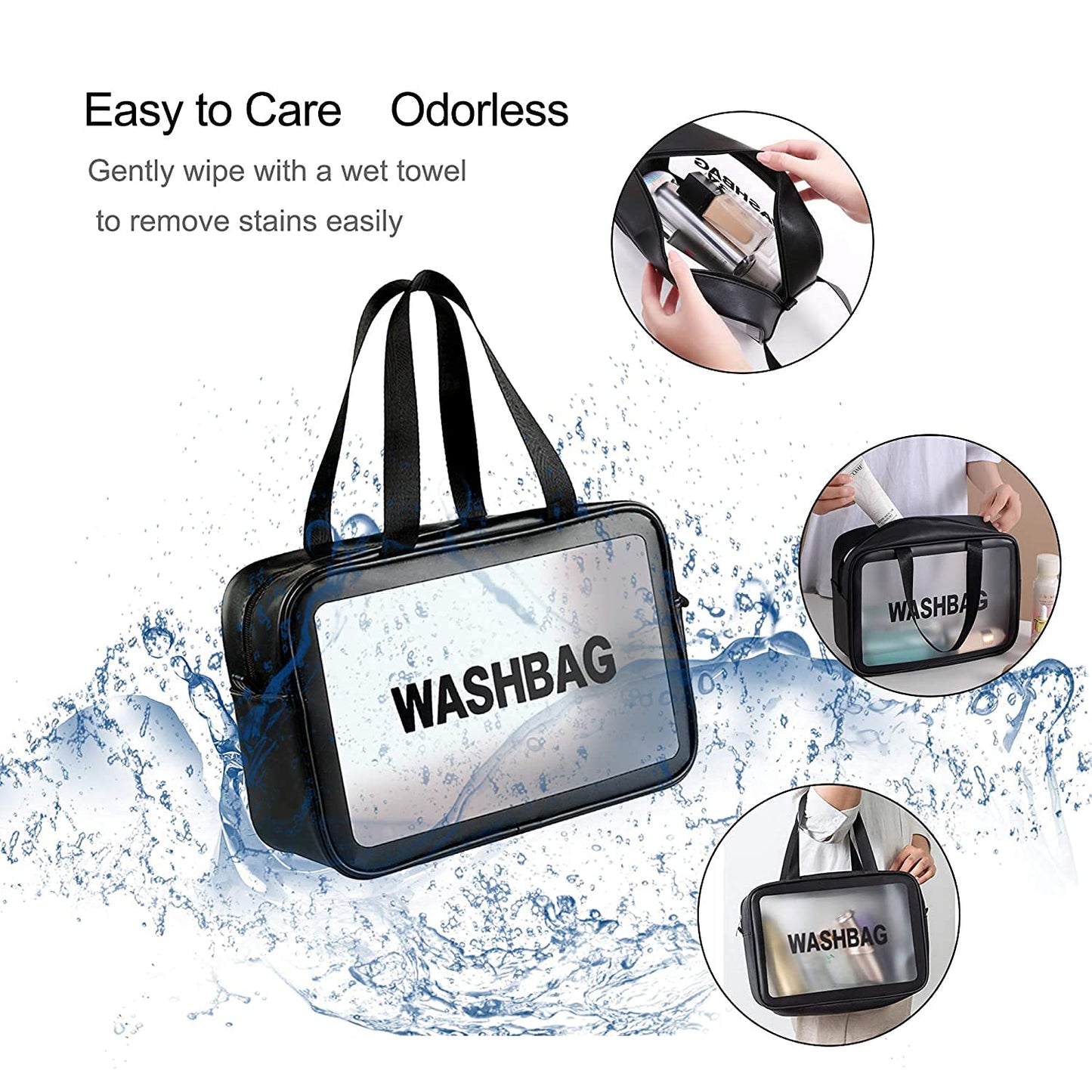 Clear Toiletry Bag, Wash Make Up Bag PVC Waterproof Zippered Cosmetic Bag, Portable Carry Pouch for Women Men (Black Large)