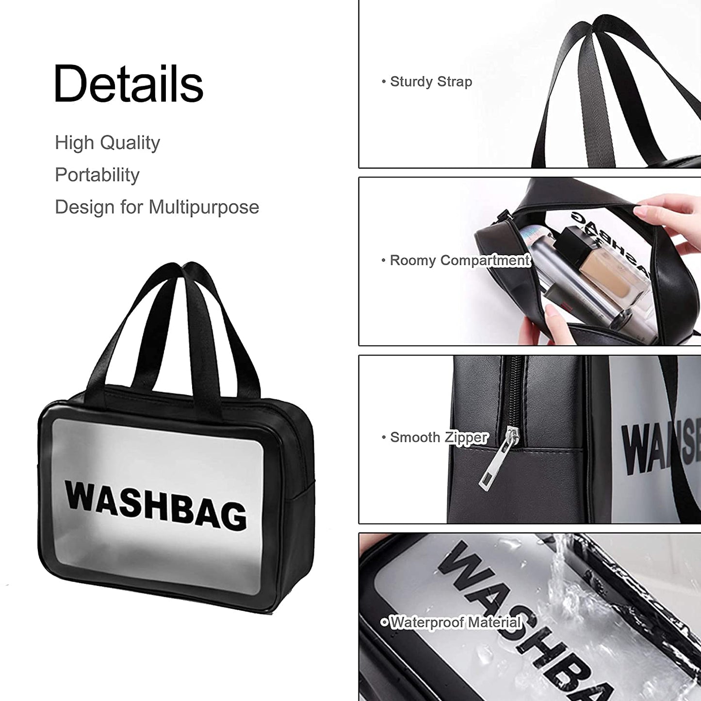 Clear Toiletry Bag, Wash Make Up Bag PVC Waterproof Zippered Cosmetic Bag, Portable Carry Pouch for Women Men (Black Large)