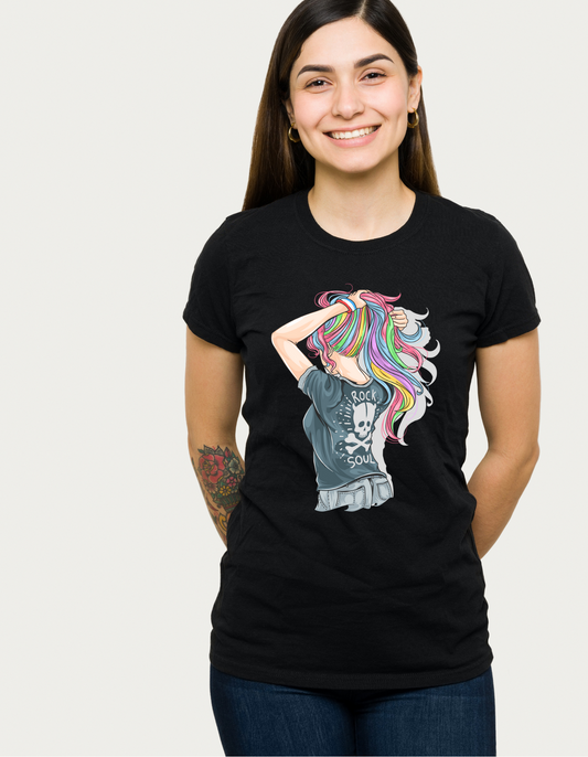 Colorful hair Graphic Half Sleeve T-shirt for Women